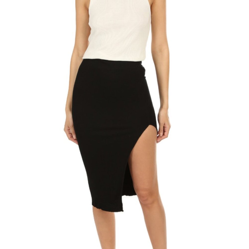 Cotton Citizen Melbourne Black Ribbed Midi Skirt w/ Slit | NWOT | Size‎ L